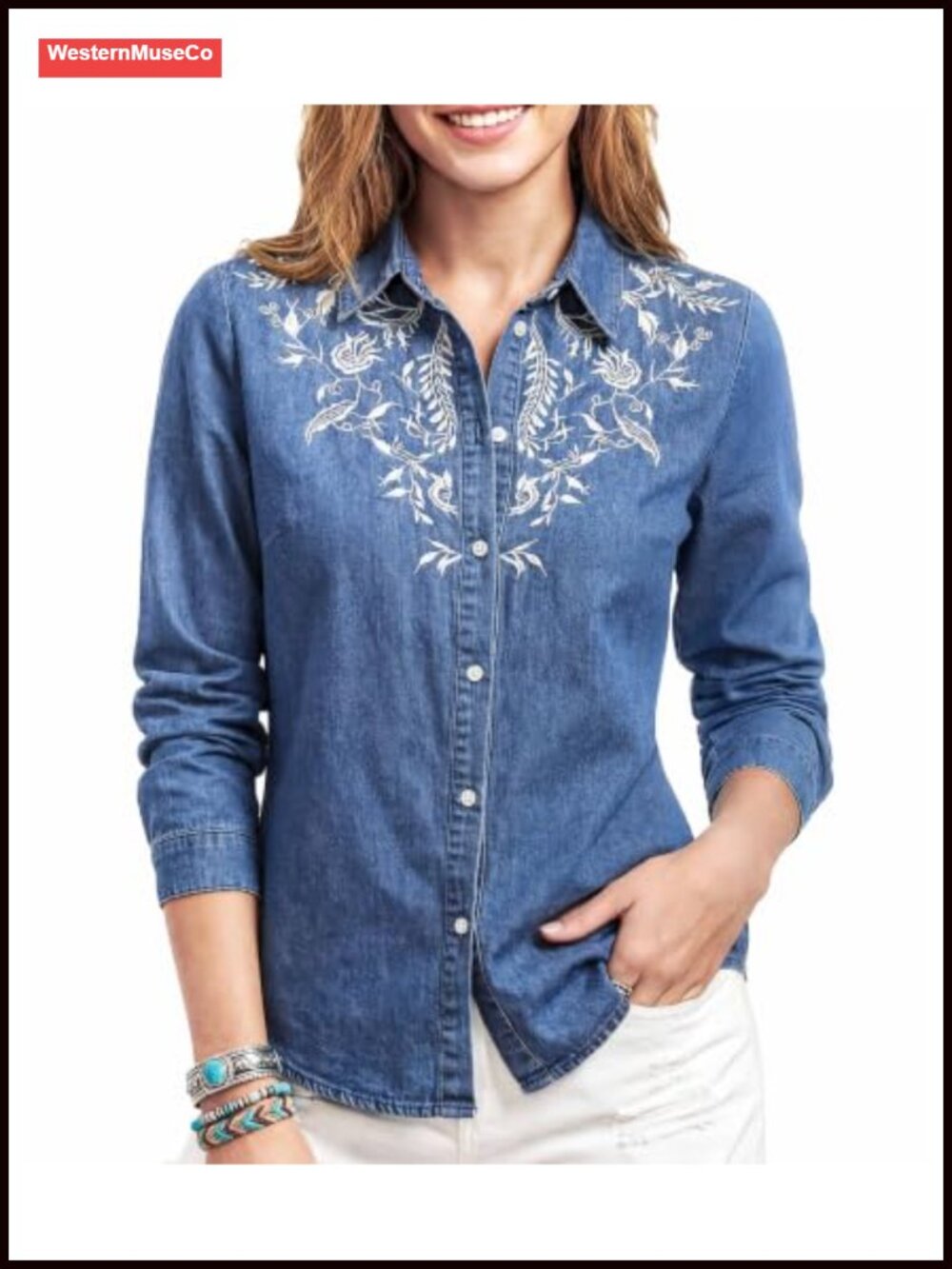 Women's Lyocell Chambray Button Down Western Embroidered Long Sleeve Shirt